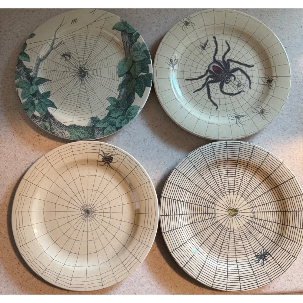 John Derian Spider Web Plate Set  Halloween Appetizer Gothic Decor Melamine